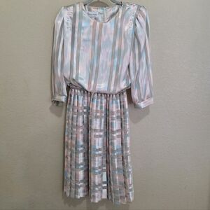 Vintage 80s Pastel Metallic Blouson  Pleated Dress Secretary Librarian 6